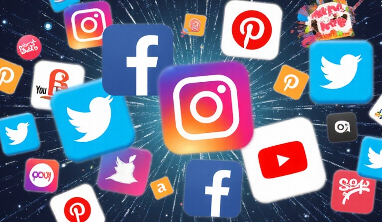 A vibrant collage of social media icons (Facebook, Twitter, Instagram, YouTube) with a dynamic background, representing global connectivity and interaction.