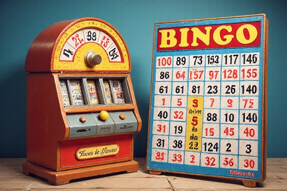 A colorful bingo card with numbers and a bingo caller machine with a ball visible.