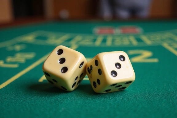 A pair of dice showing different numbers on a green felt table.