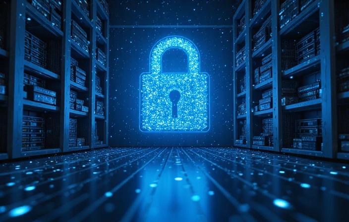 Abstract illustration of a secure server with data flow, representing backend systems.
